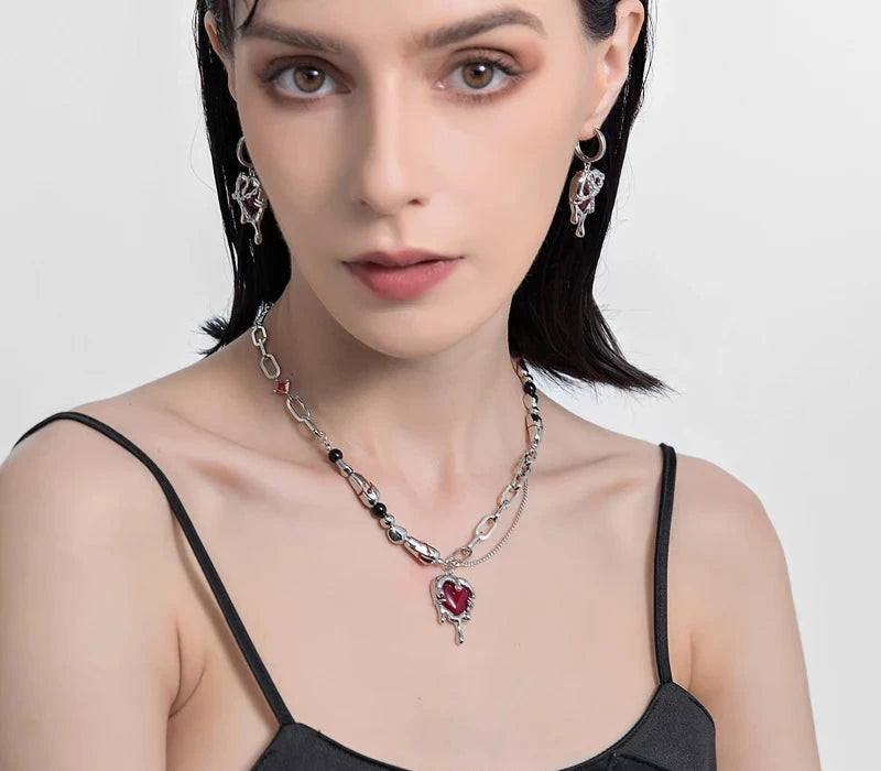 Women's Red Heart Dripping Gold Crystal Beaded Silver Chain Necklace - Lovez Aqua© -