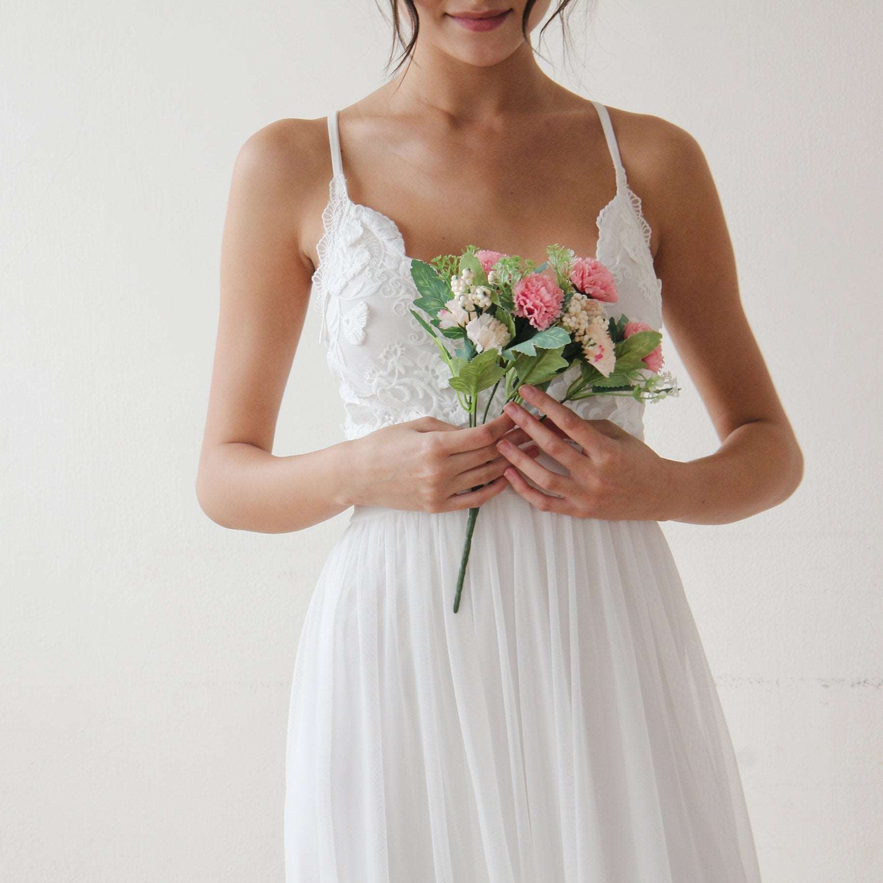 White Floral Lace Spaghetti Straps Maxi Wedding Dress with Scalloped V-Neckline - Lovez Aqua© -