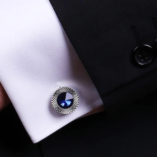 Men's Silver & Imitation Sapphire Blue Crystal Round Embossed Cufflinks - Lovez Aqua© -
