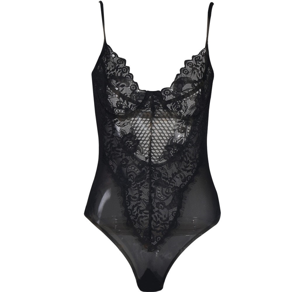 Women's Black Floral Lace Bodysuit with Sheer Mesh & Scalloped Trim - Lovez Aqua© -