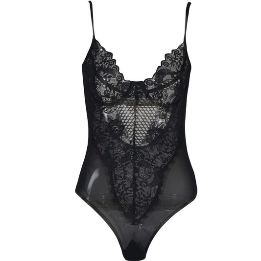 Women's Black Floral Lace Bodysuit with Sheer Mesh & Scalloped Trim - Lovez Aqua© -