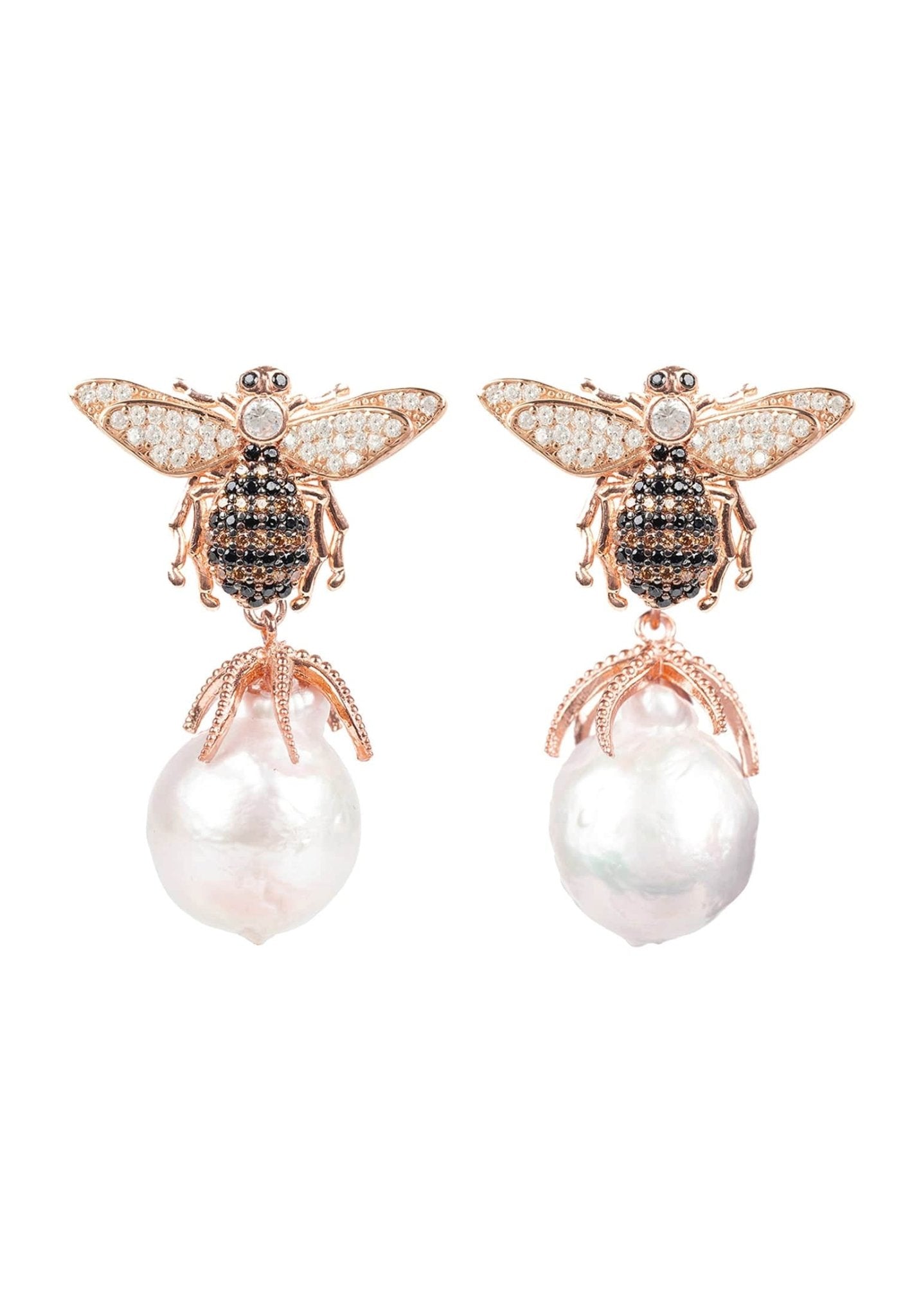 Women's Rose Gold & Baroque Pearl Honey Bee Drop Earrings - Lovez Aqua© -