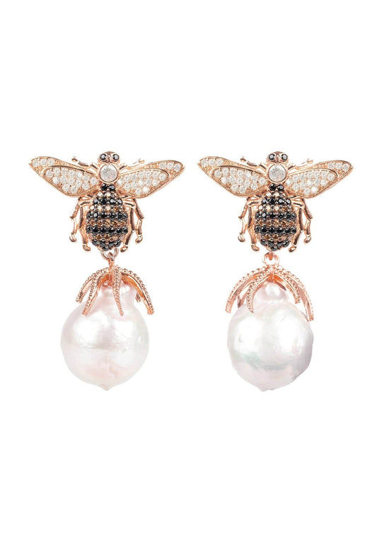 Women's Rose Gold & Baroque Pearl Honey Bee Drop Earrings - Lovez Aqua© -