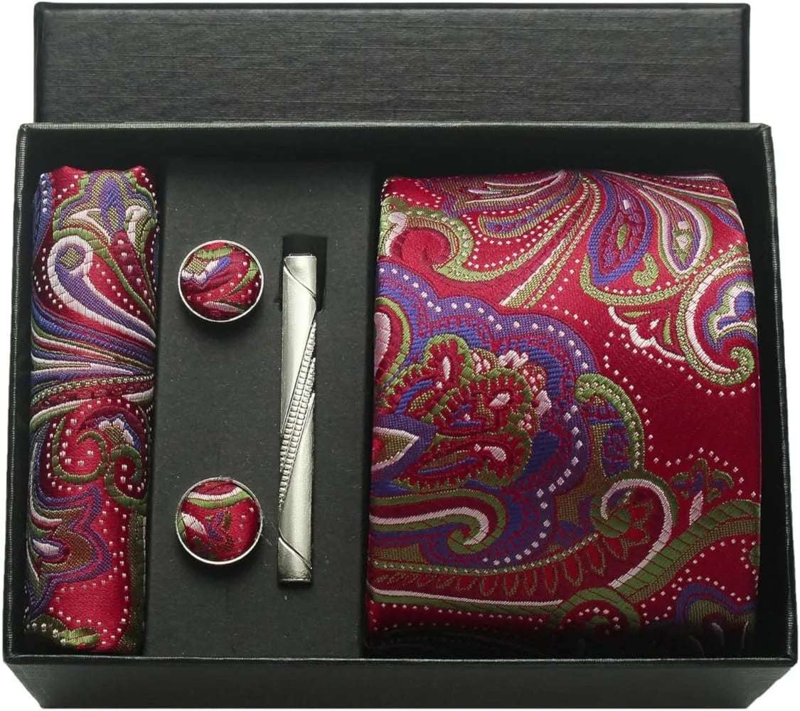 Men's Luxury Silk Paisley Floral Necktie, Pocket Square, Clip & Cufflinks Set - Lovez Aqua© - BKA14