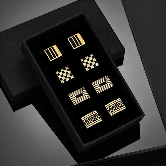 Men's Modern Square Geometric Pattern Cufflinks in Gift Box (4 Pieces) - Lovez Aqua© - T0204022 with box