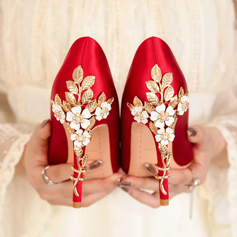 Women's Silk Stiletto High Heel Pumps With Intricate Carved Metal Flowers - Lovez Aqua© - Red-10cm / 36