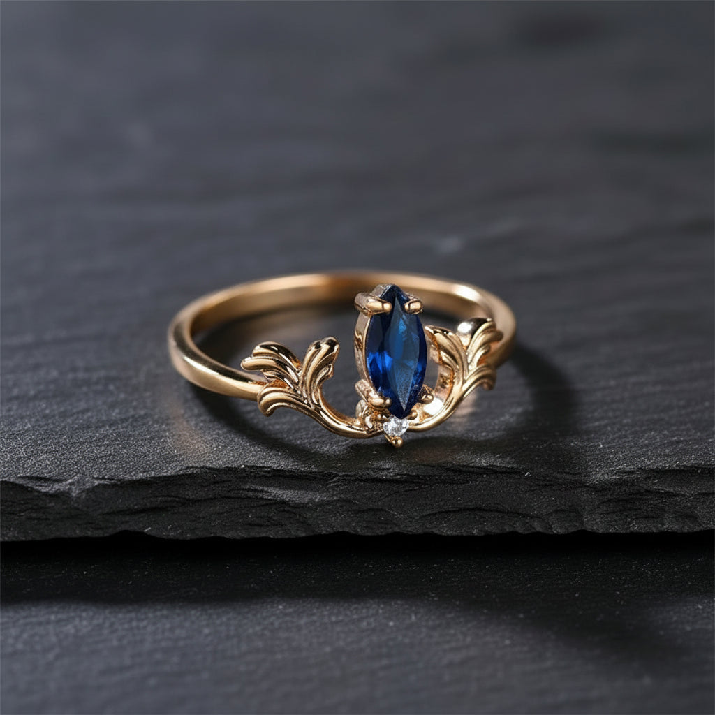 Women's Sapphire Blue Marquise Silver Ring with White Round Zircon Stones - Lovez Aqua© -