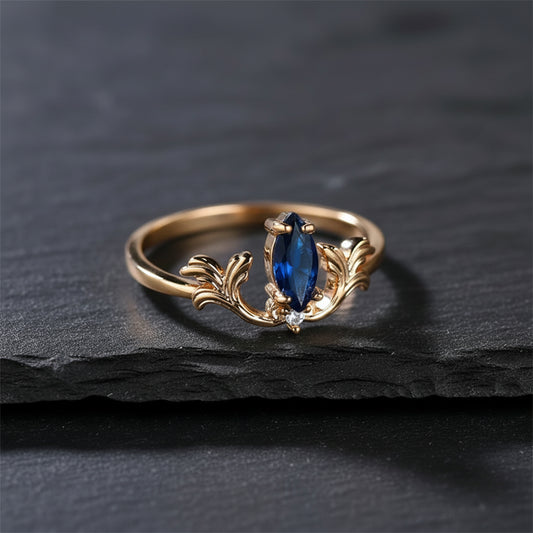 Women's Sapphire Blue Marquise Silver Ring with White Round Zircon Stones - Lovez Aqua© -