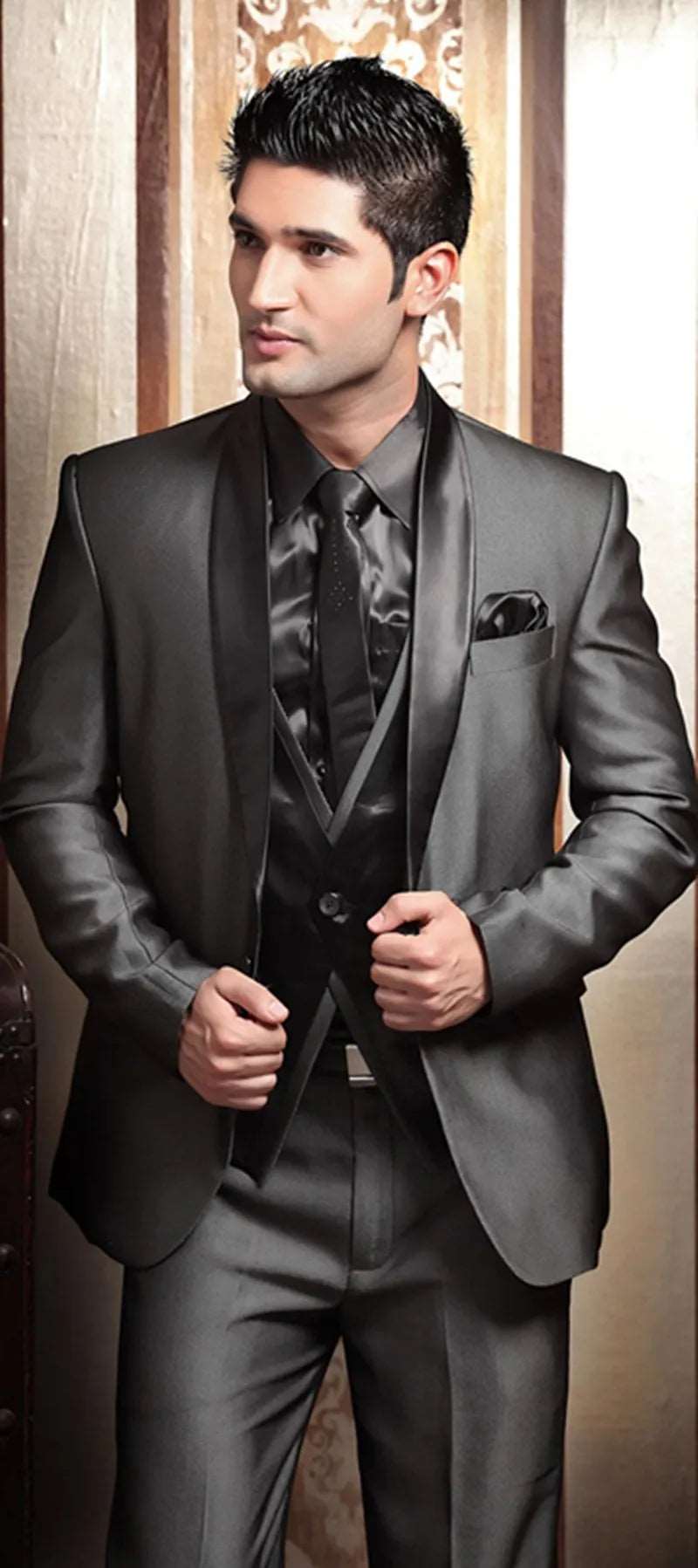 Men's Shiny Metallic Embroidered 3 Piece Suit Set (Jacket, Pants & Vest) - Lovez Aqua© - Gray / XS