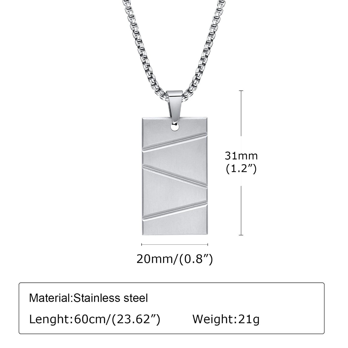 Men's Stainless Steel Patterned Rectangle Dog Tag Box Chain Necklace - Lovez Aqua© -