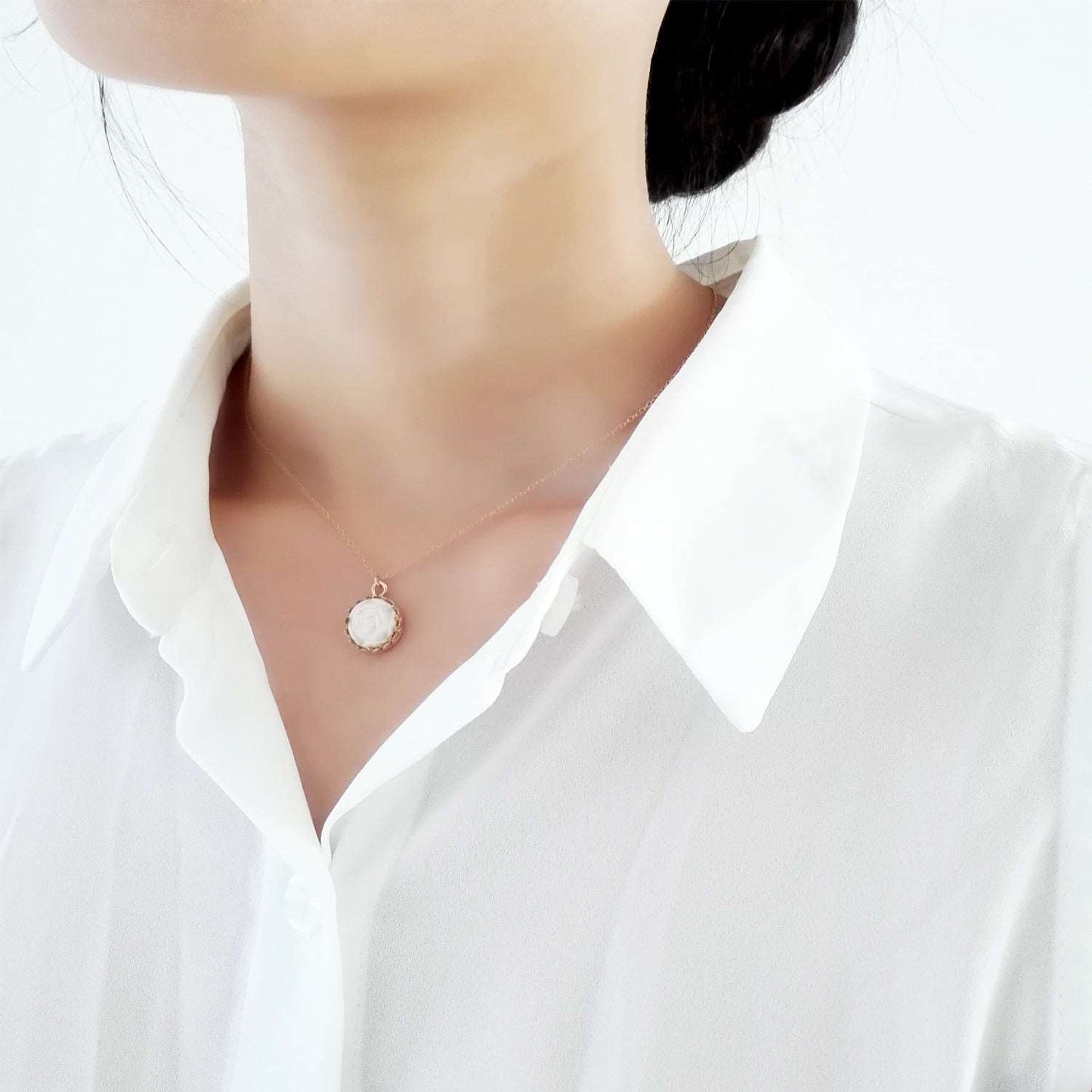 Women's 14K Gold-Filled Mini White Porcelain Rose Charm Necklace - Lovez Aqua© -