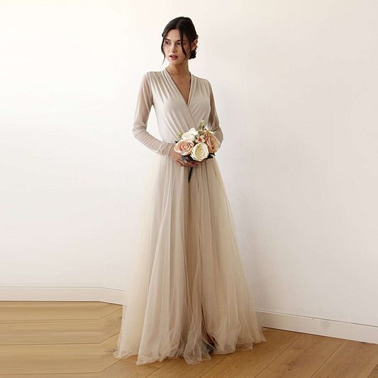 Champagne Wrap Tulle Wedding Gown with Long Chiffon Sleeves & High Slit - Lovez Aqua© -