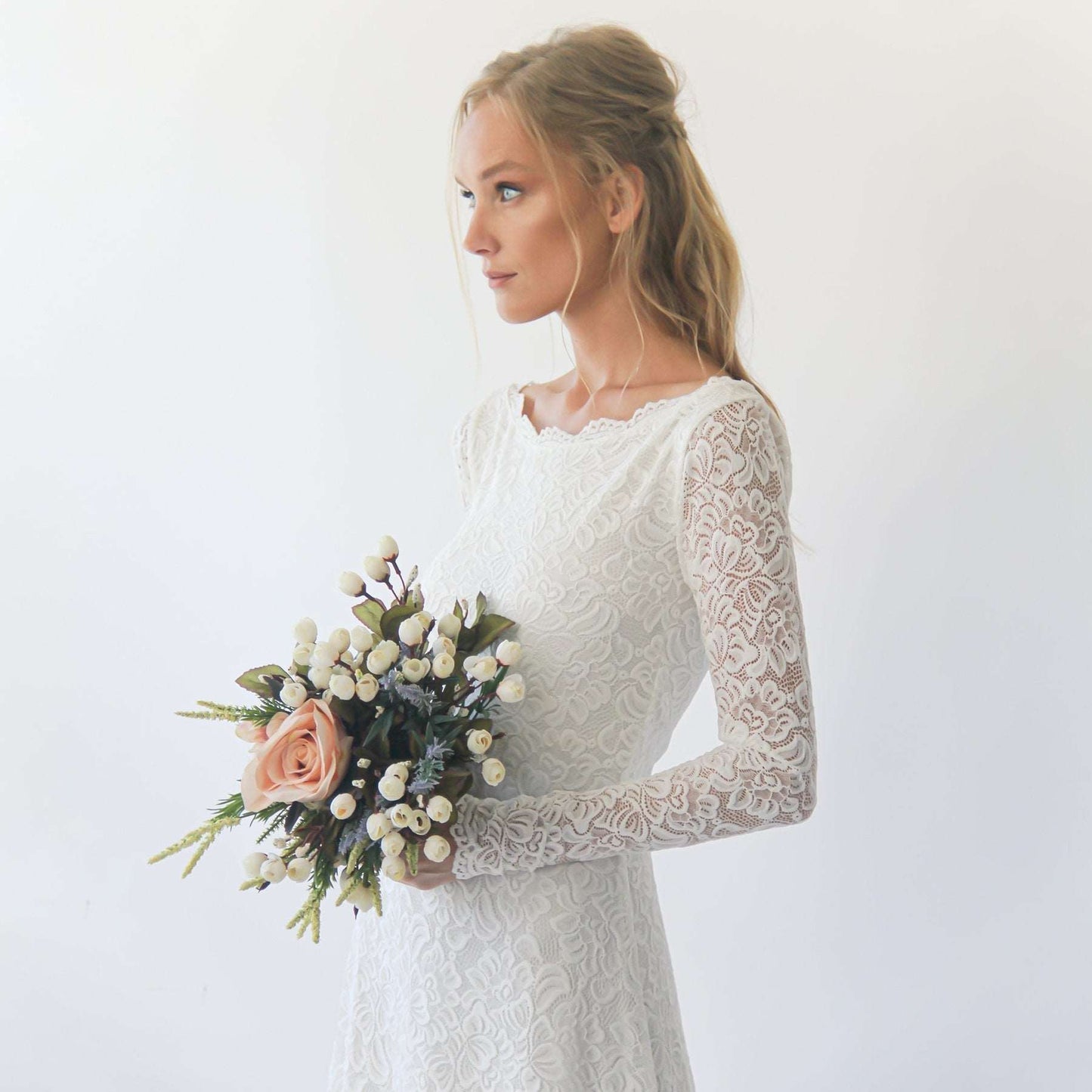 White Boat Neckline & Long Bell Lace Sleeves Modest Wedding Dress - Lovez Aqua© -