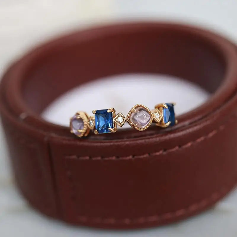 Elegant 18K Gold Plated Natural Blue & Purple Zircon Geometric Women's Ring - Lovez Aqua© -