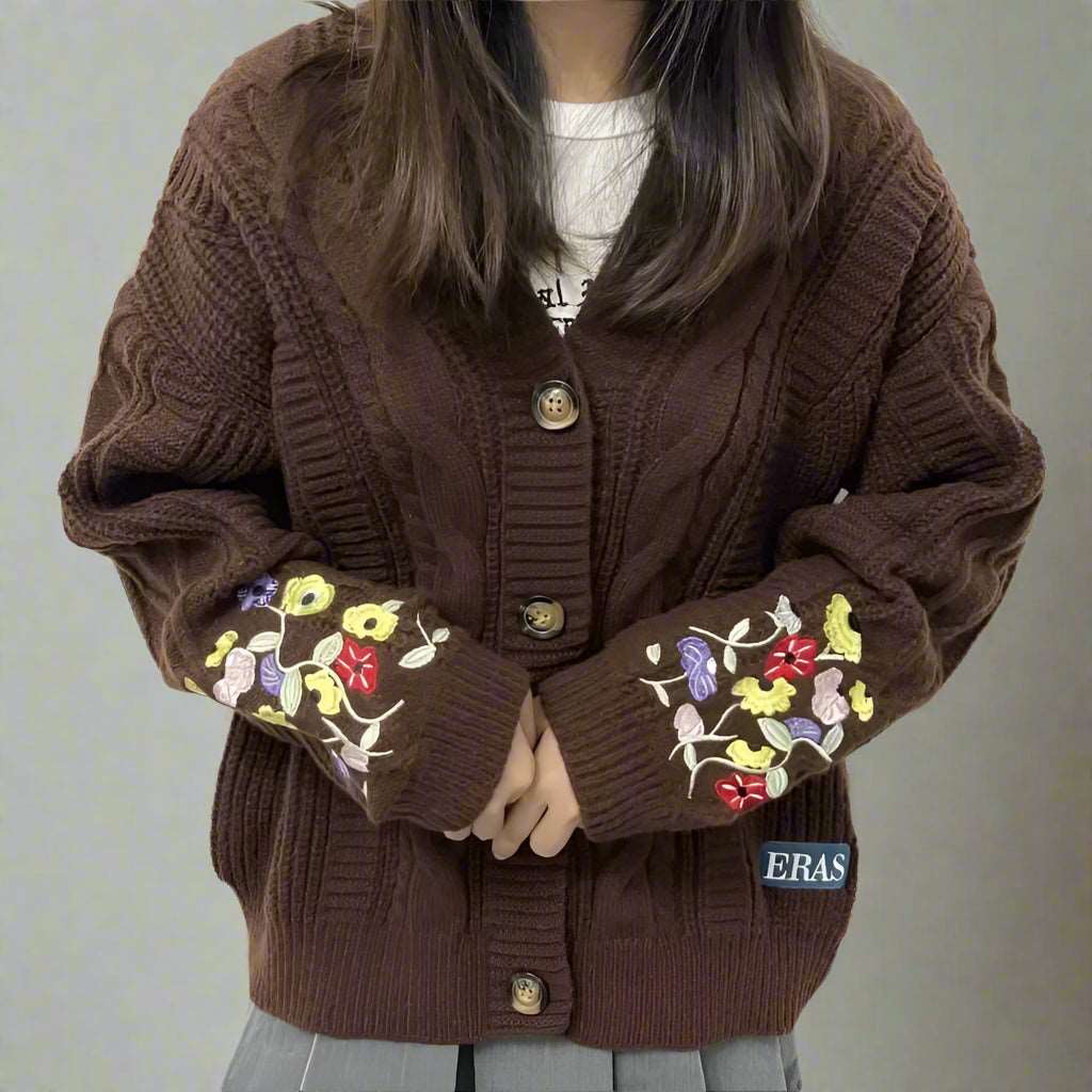 Taylor Swift Eras Tour Embroidered Wild Flowers Women's Brown Knitted Cardigan - Lovez Aqua© -