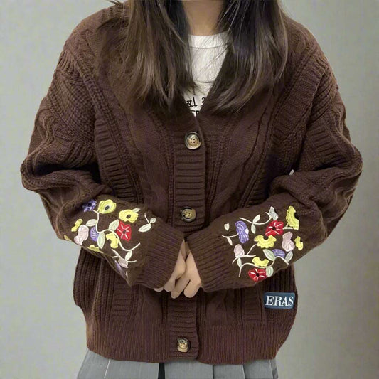 Taylor Swift Eras Tour Embroidered Wild Flowers Women's Brown Knitted Cardigan - Lovez Aqua© -