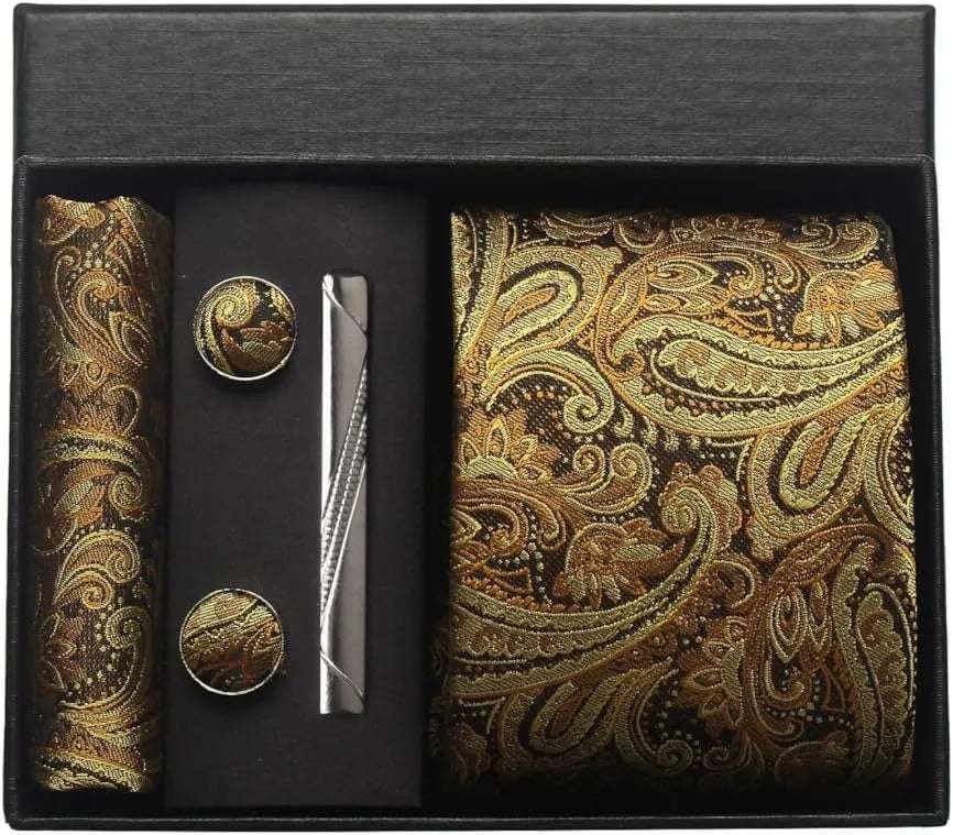 Men's Luxury Silk Paisley Floral Necktie, Pocket Square, Clip & Cufflinks Set - Lovez Aqua© - BE1