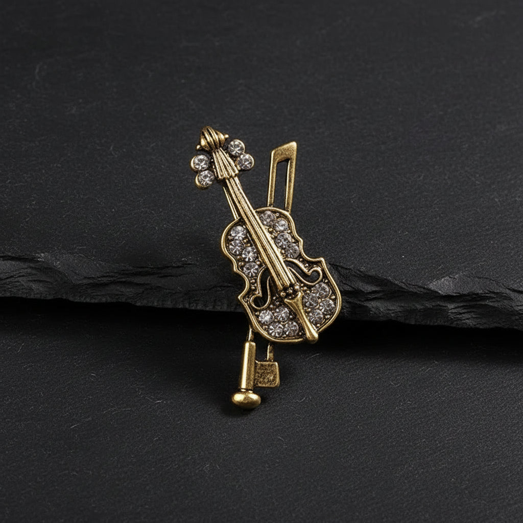 Men's Luxury Crystal Musician's Violin Brooch - Lovez Aqua© - Antique Gold