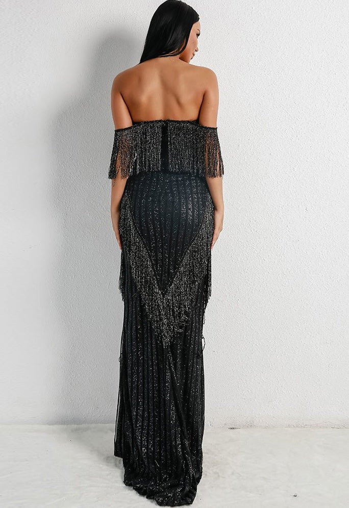 Strapless Black Evening Gown with Sweetheart Neckline & Tiered Fringe Detailing - Lovez Aqua© -
