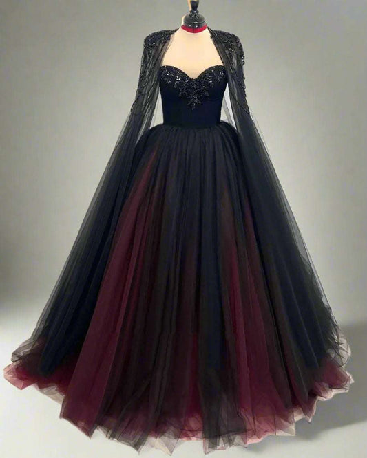 Gothic Black & Red A-Line Sleeveless Tulle Ball Gown with Dress Sequined Cape - Lovez Aqua© -