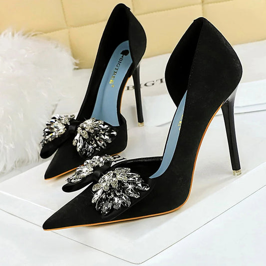 Women's Black Velvet Rhinestone Bow Pointed Toe Stiletto High Heels - Lovez Aqua© - Black-10.5cm / 42