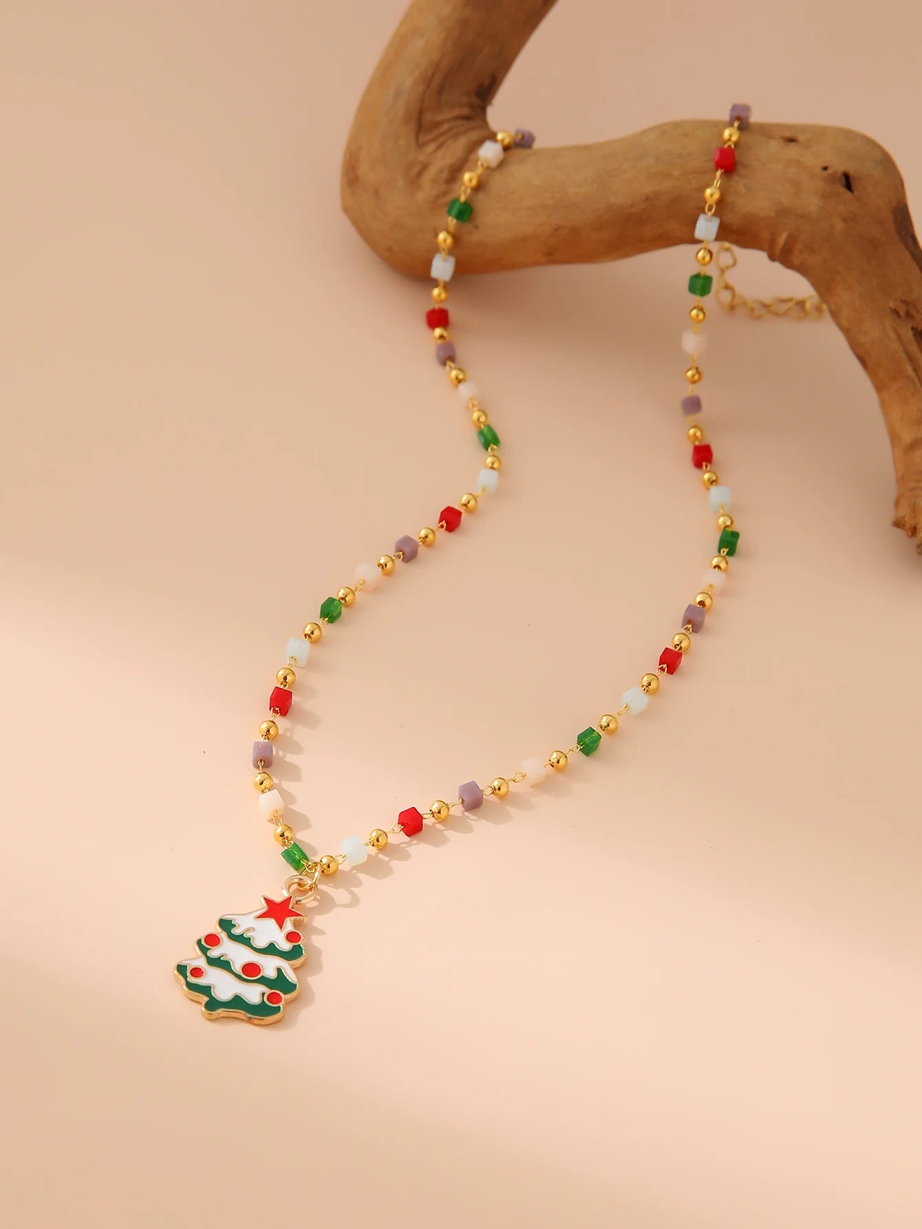 Women's Festive Christmas Themed Beaded Pendant Necklace - Lovez Aqua© - Christmas Tree