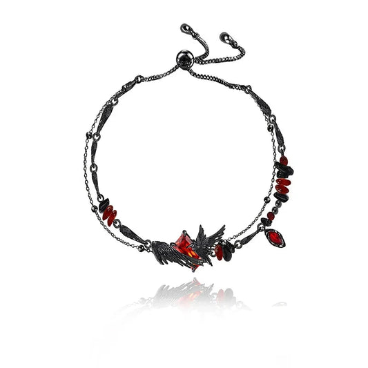 Rustic Gothic Black Raven & Red Garnet Beaded Crystal Women's Bracelet - Lovez Aqua© -