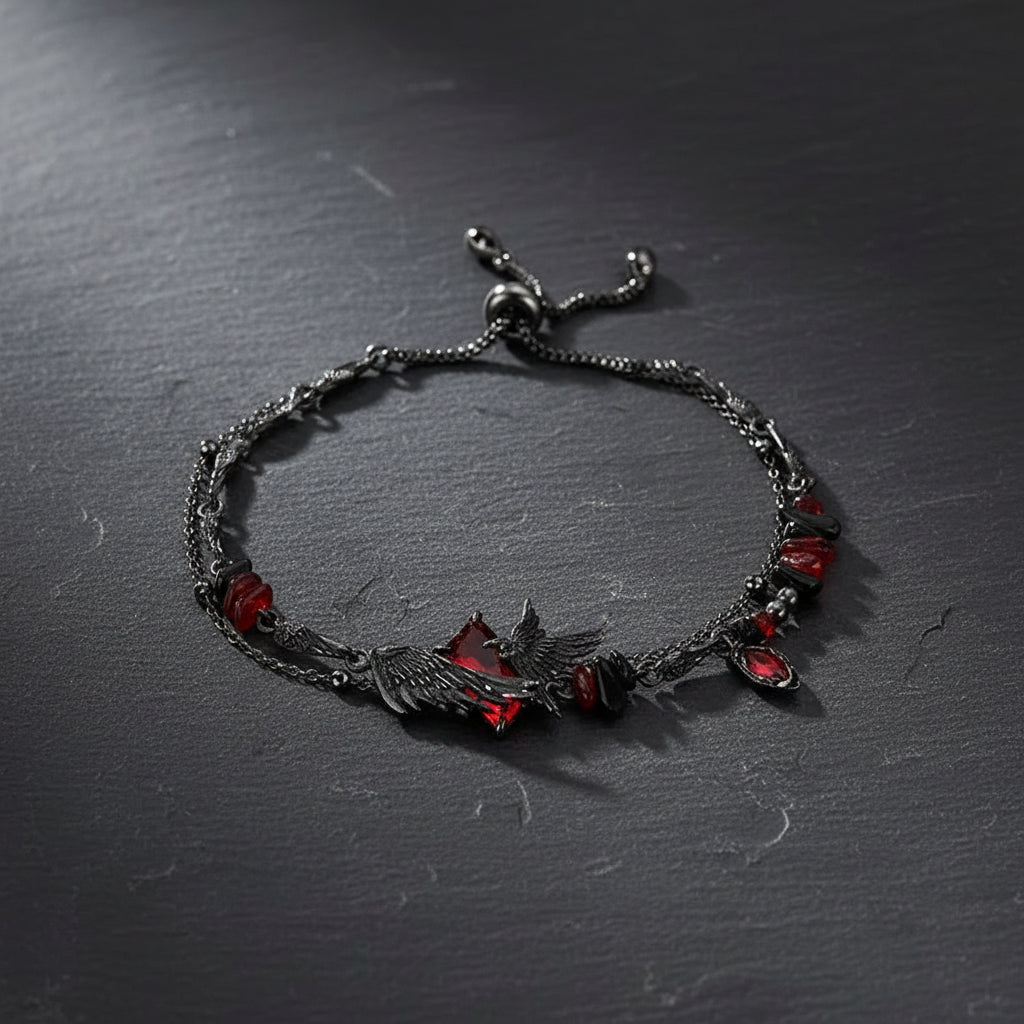 Rustic Gothic Black Raven & Red Garnet Beaded Crystal Women's Bracelet - Lovez Aqua© -