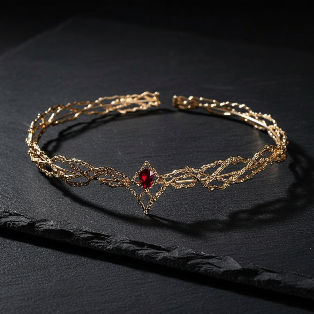 Lord of the Rings Elven King Thrandiul Delicate Elvish Waterdrop Crystal Crown - Lord of the Rings - Gold Red