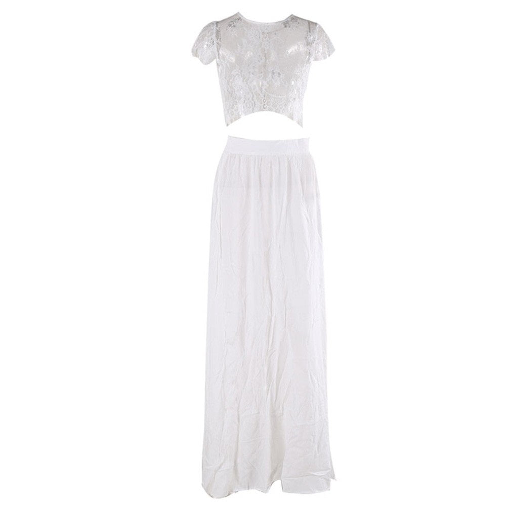 Women's Two Piece Lace Blouse & Long Slit Flowing Skirt Set - Lovez Aqua© - White / XS