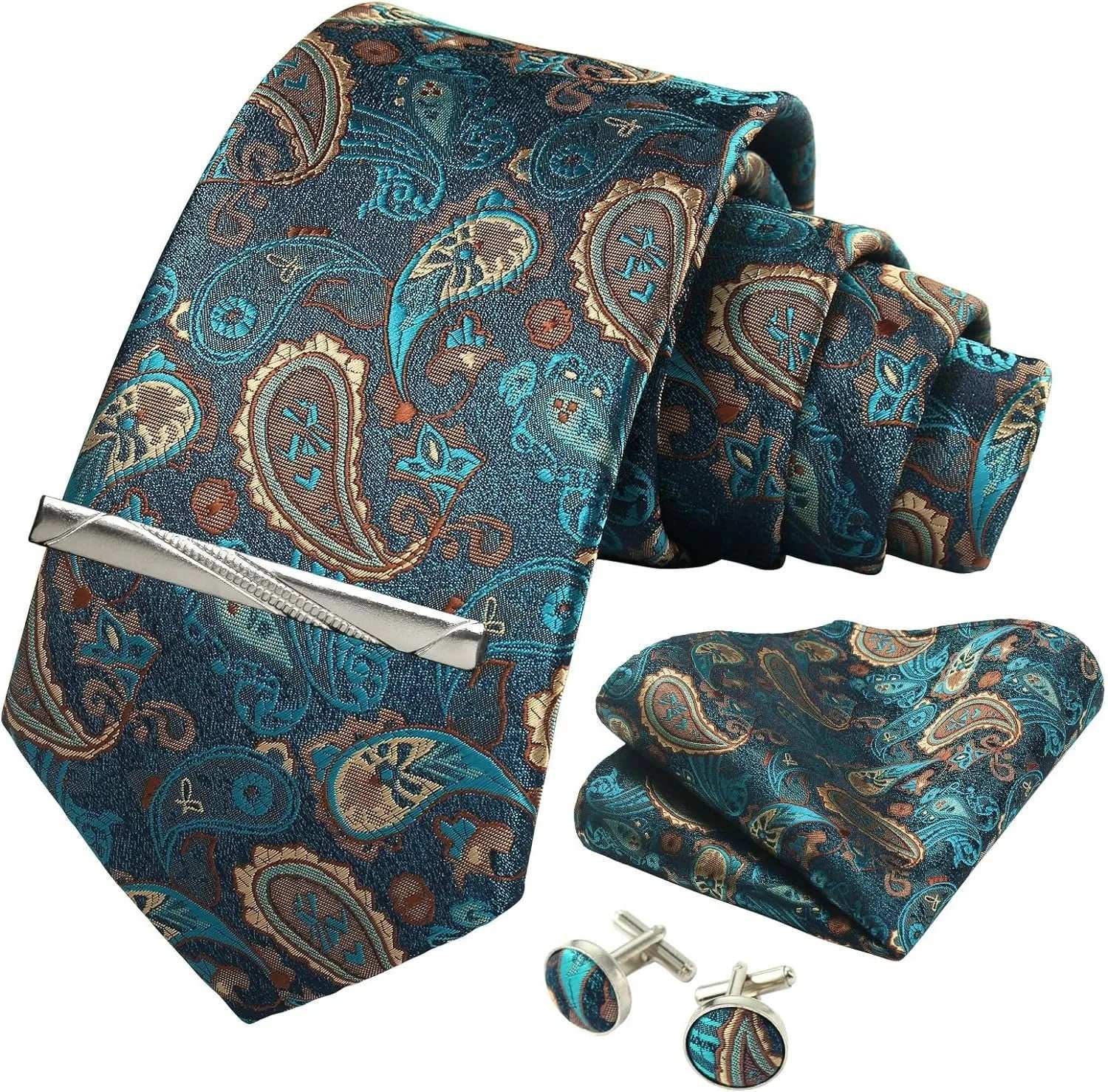 Men's Luxury Silk Paisley Floral Necktie, Pocket Square, Clip & Cufflinks Set - Lovez Aqua© -