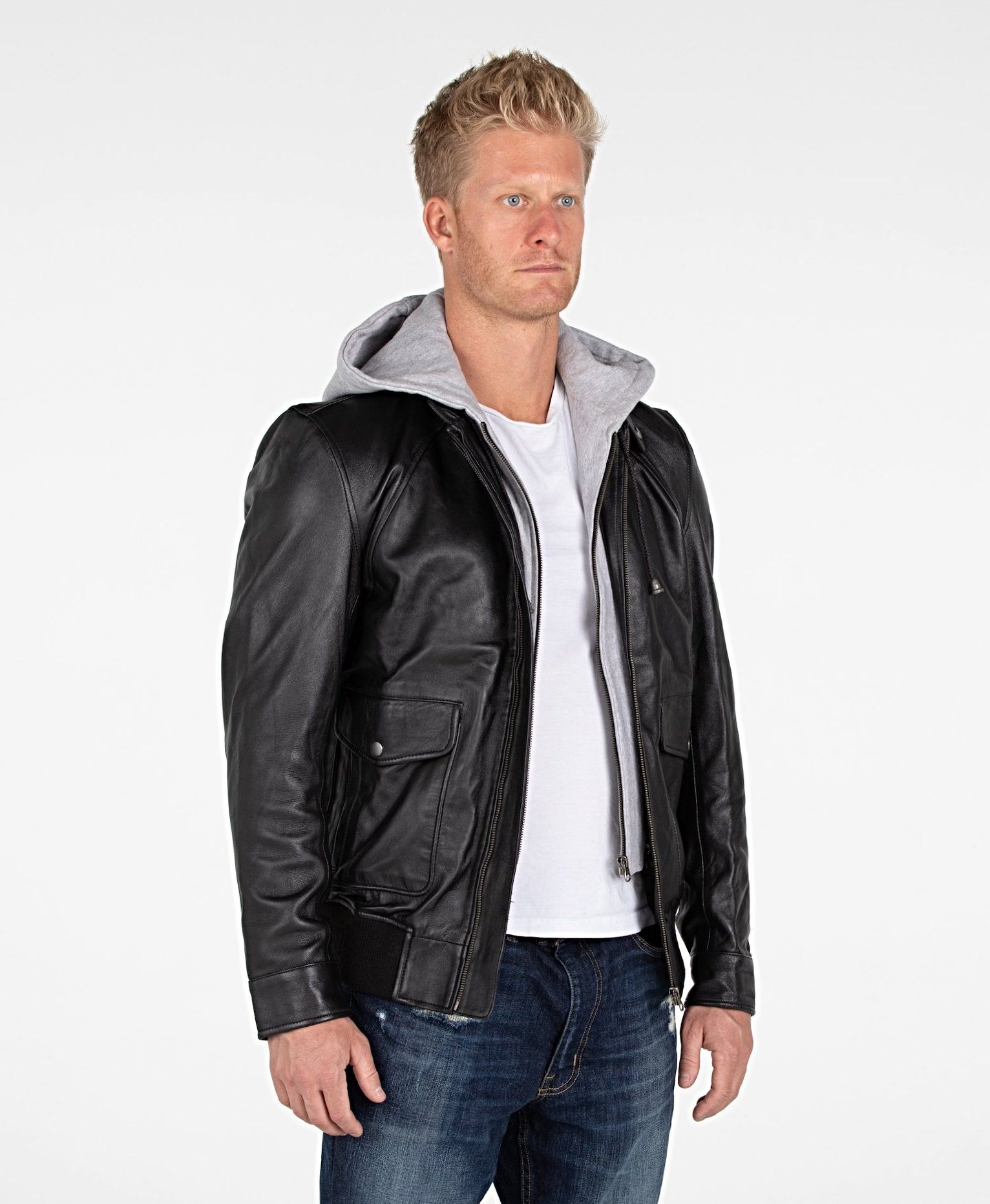 Men's Supple Lambskin Hooded Leather Bomber Jacket - Lovez Aqua© -