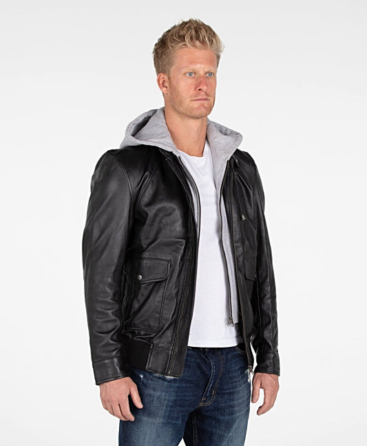 Men's Supple Lambskin Hooded Leather Bomber Jacket - Lovez Aqua© -