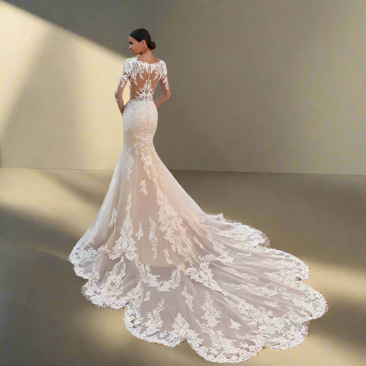 Mermaid Lace Wedding Dress with Scoop Neckline Applique Sleeves & Sweep Train - Lovez Aqua© -