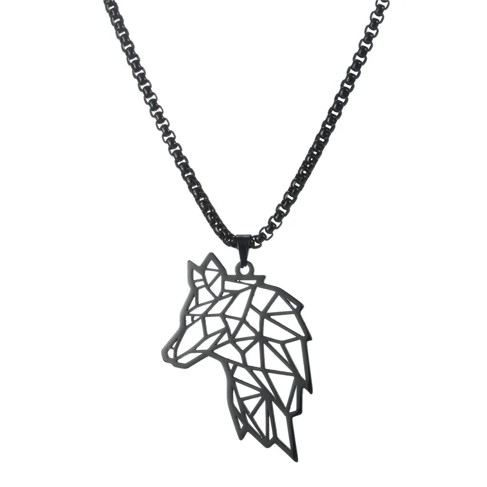 Men's Stainless Steel Origami Wolf Head Pendant Statement Necklace - Lovez Aqua© - Black