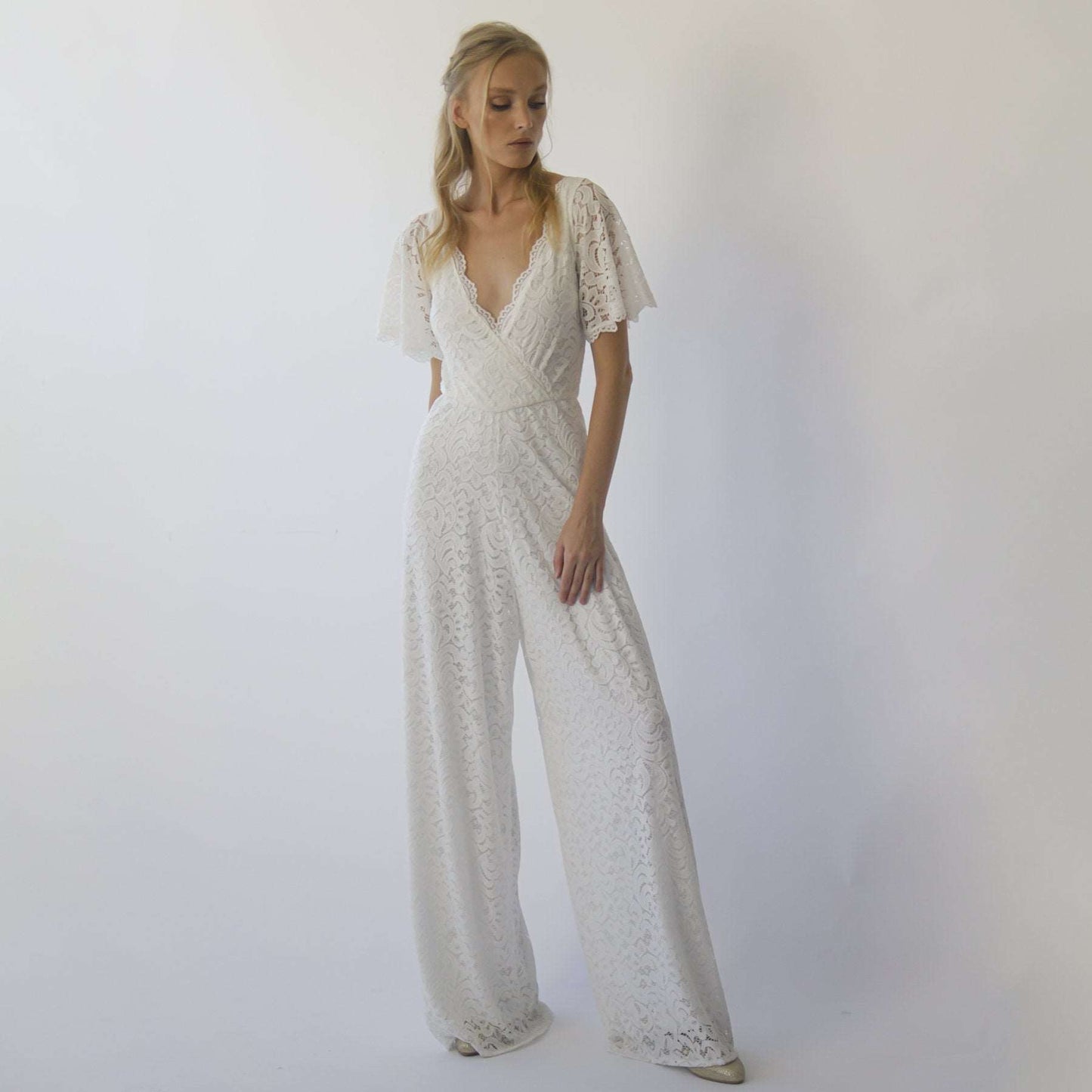 Ivory Bohemian Butterfly Sleeves Flowing Bridal Lace Jumpsuit with Flared Legs - Lovez Aqua© -
