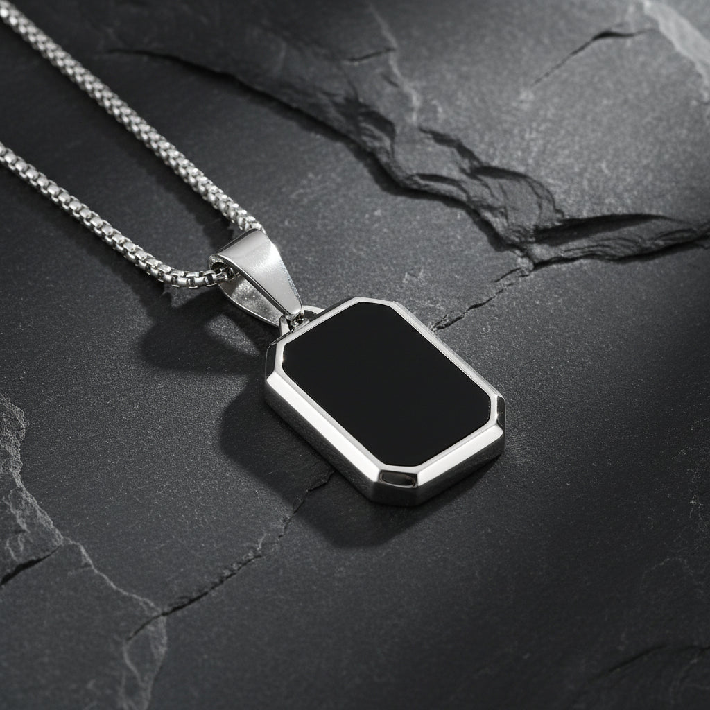 Men's Modern Geometric Stainless Steel Black Onyx Rectangle Necklace - Lovez Aqua© -