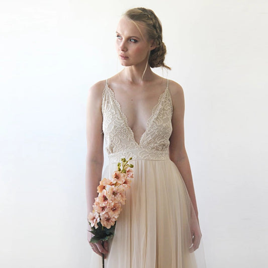 Champagne Lace Floor-Length Backless Wedding Dress with V-Neck & Spaghetti Strap - Lovez Aqua© -