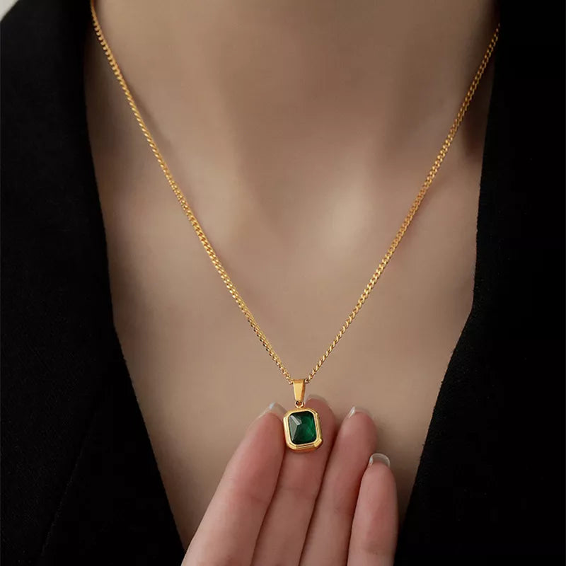 Women's Elegant Gold Plated Square Emerald Green Cubic Zirconia Pendant Necklace - Lovez Aqua© -