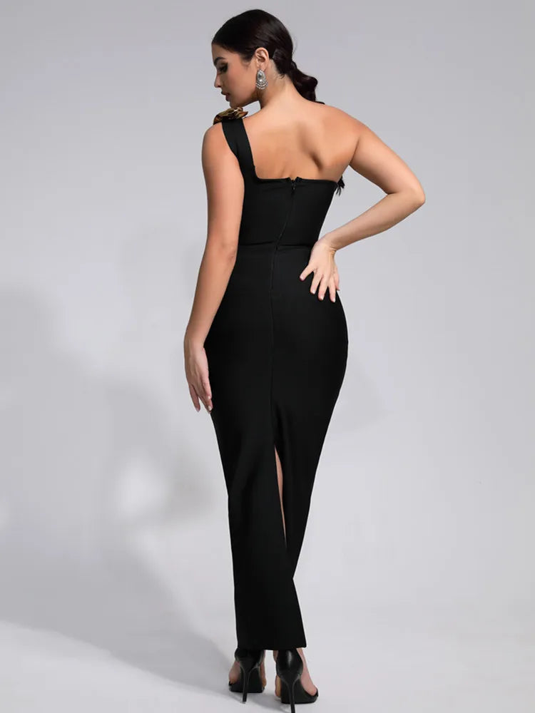 Women's Luxury One Shoulder Black Maxi Evening Dress with Golden Roses Neckline - Lovez Aqua© -