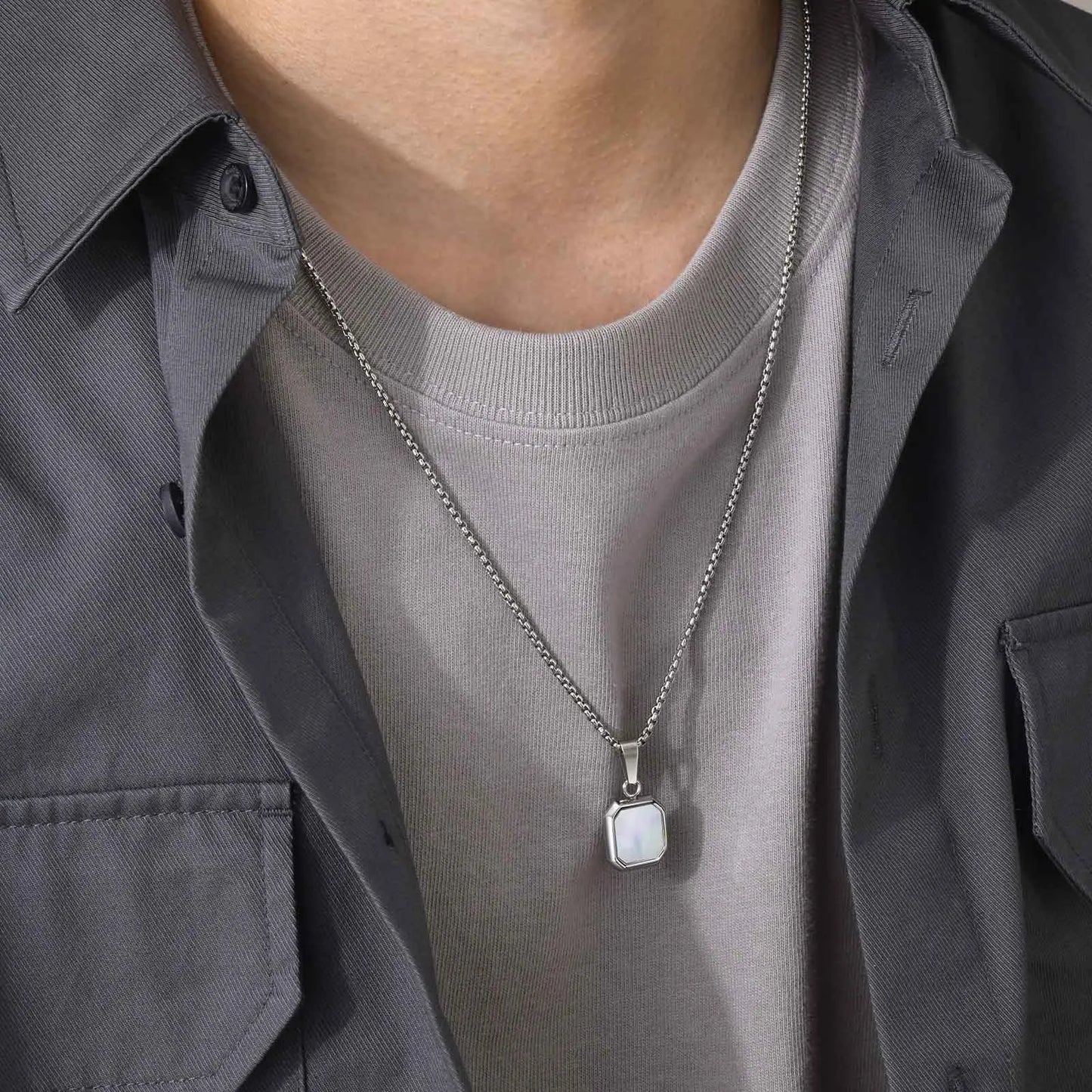 Men's Geometric Square Shell Pendant Necklace With Link Chain - Lovez Aqua© -
