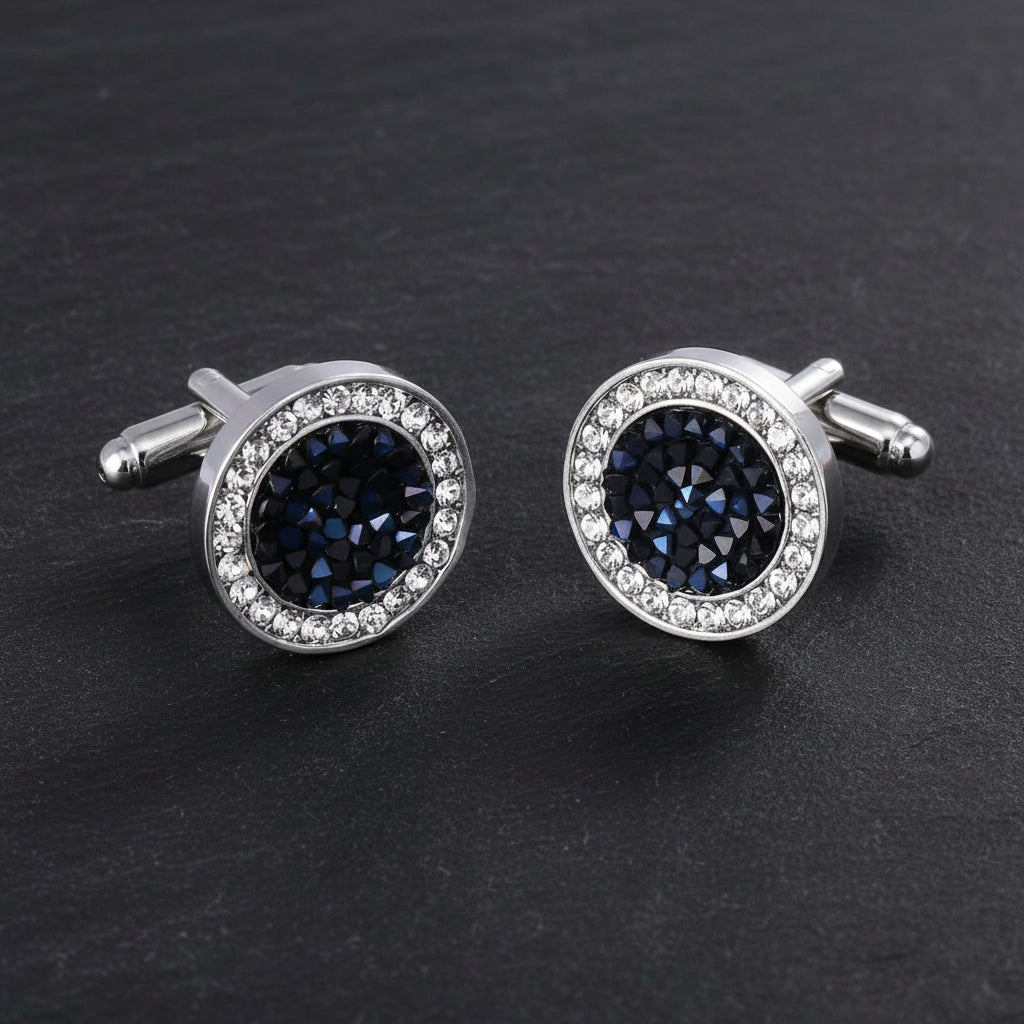 Luxury Men's Crystal & Agate Encrusted Round Cufflinks - Lovez Aqua© - Blue