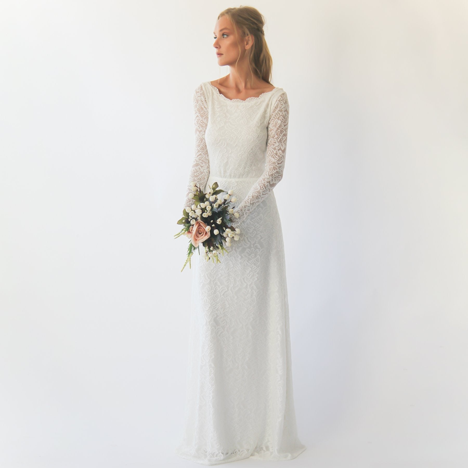 White Boat Neckline & Long Bell Lace Sleeves Modest Wedding Dress - Lovez Aqua© -