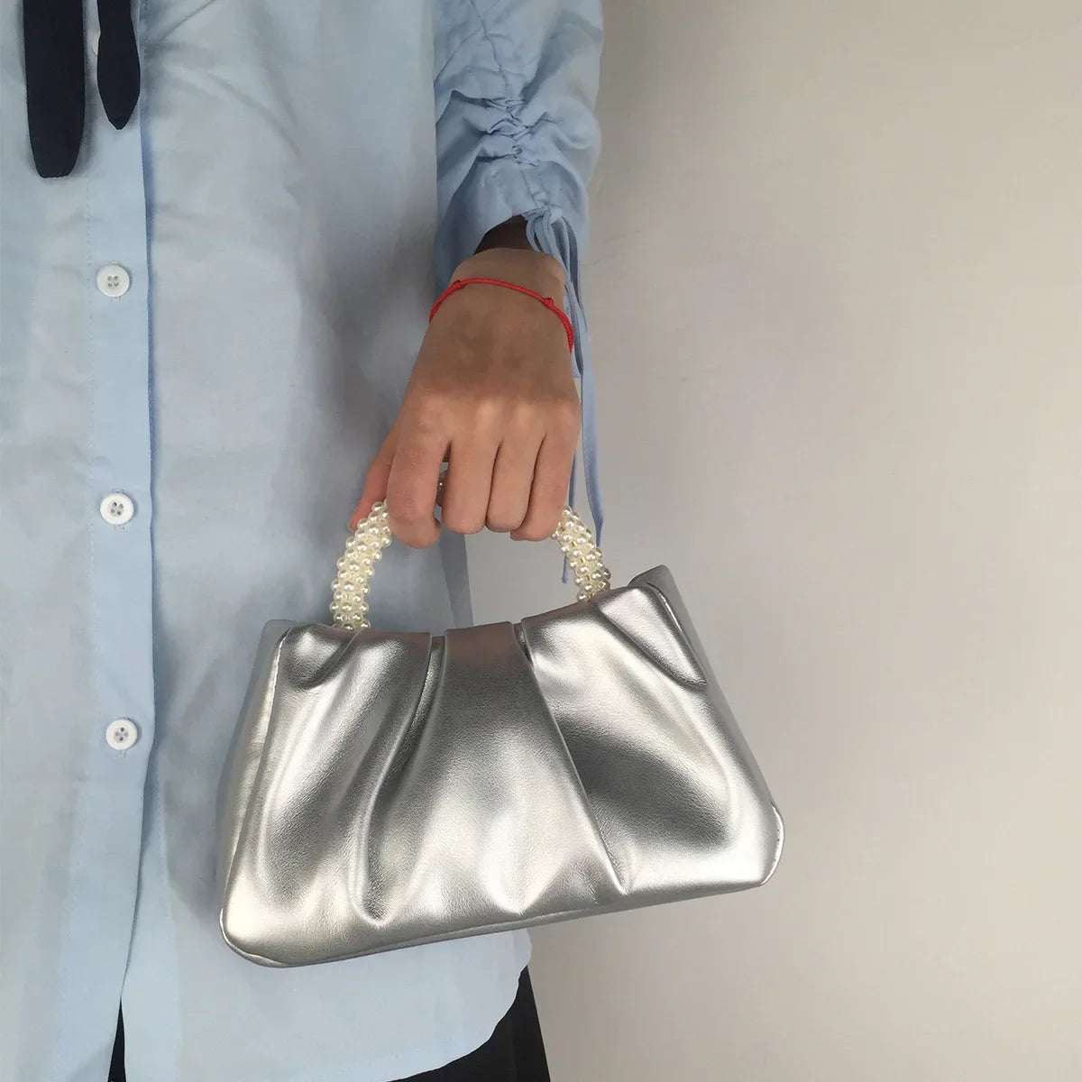 Elegant Classic Ruffled Faux Leather Handbag with Pearl Handle - Lovez Aqua© - Silver