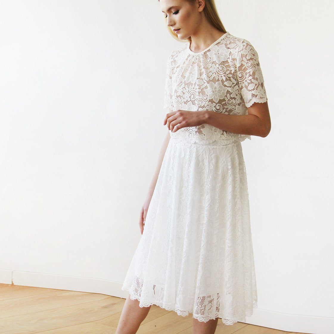 Women's Vintage Romantic White Lace Bridal A-Line Wedding Midi Skirt