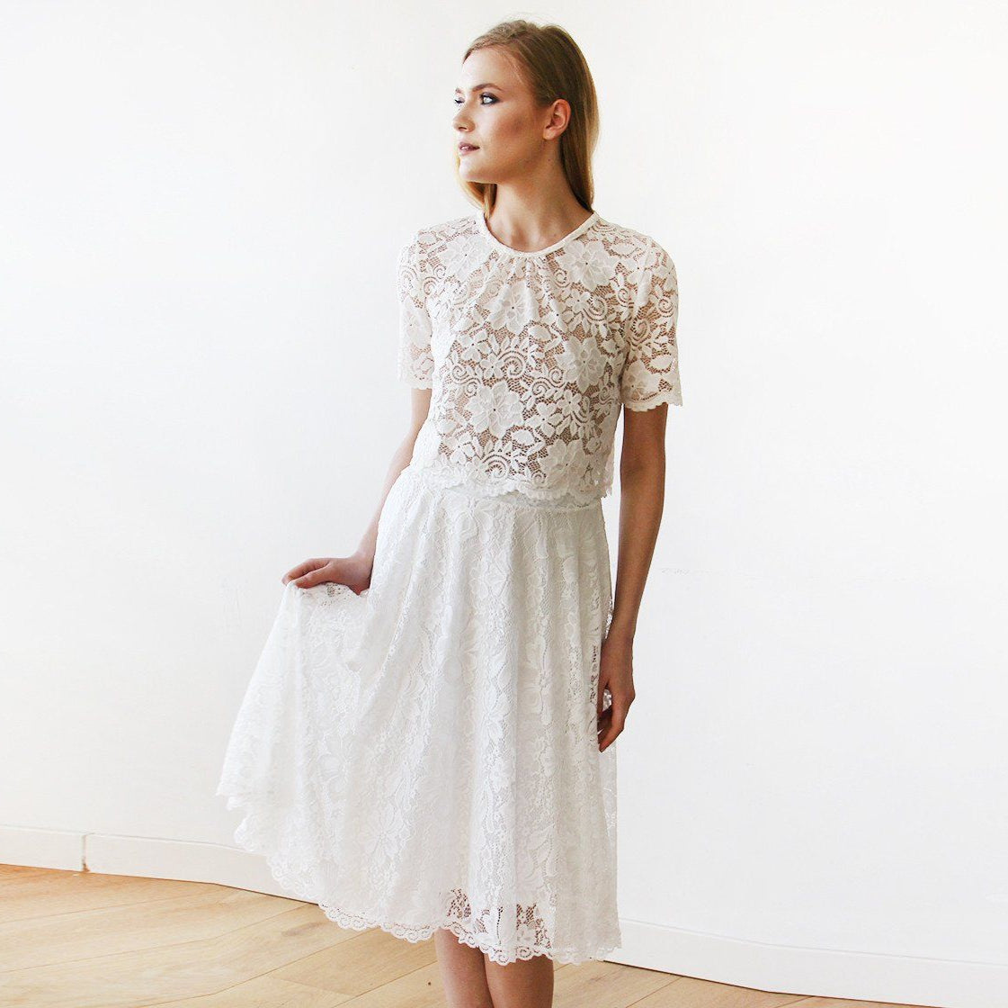 Women's Vintage Romantic White Lace Bridal A-Line Wedding Midi Skirt