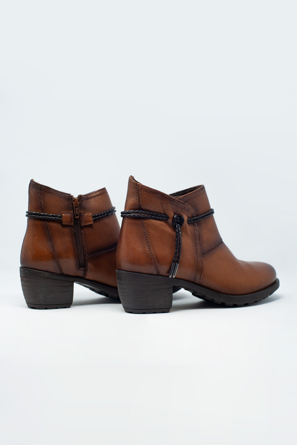 Women's Genuine Brown Leather Blocked Mid Heeled Ankle Boots with Round Toe