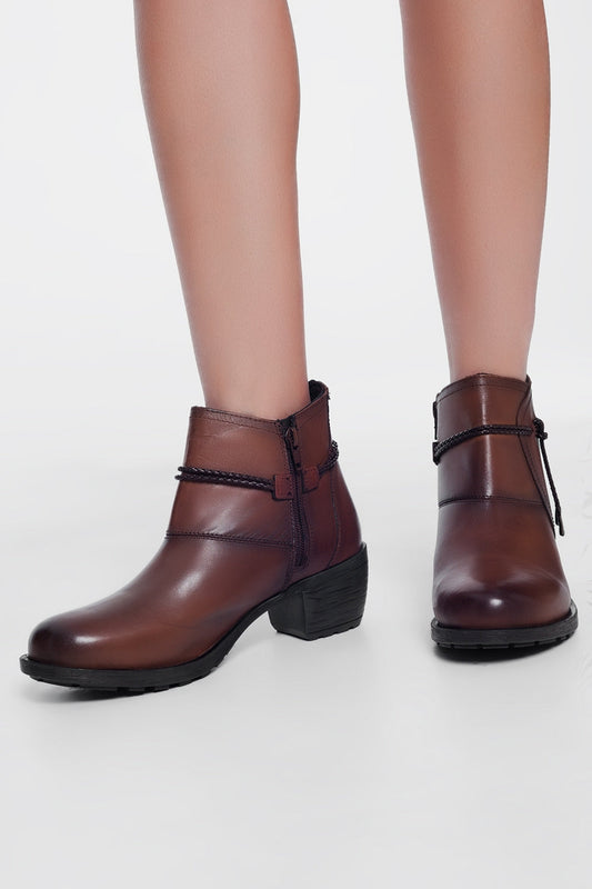 Women's Genuine Brown Leather Blocked Mid Heeled Ankle Boots with Round Toe
