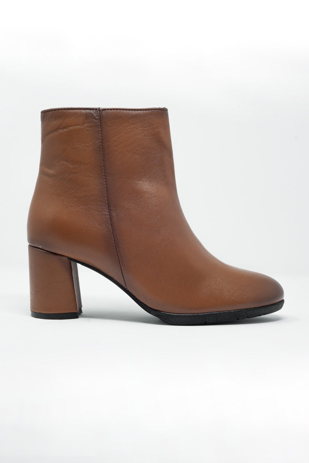 Women's Sleek Brown Genuine Leather Blocked Mid Heeled Zipper Ankle Boots