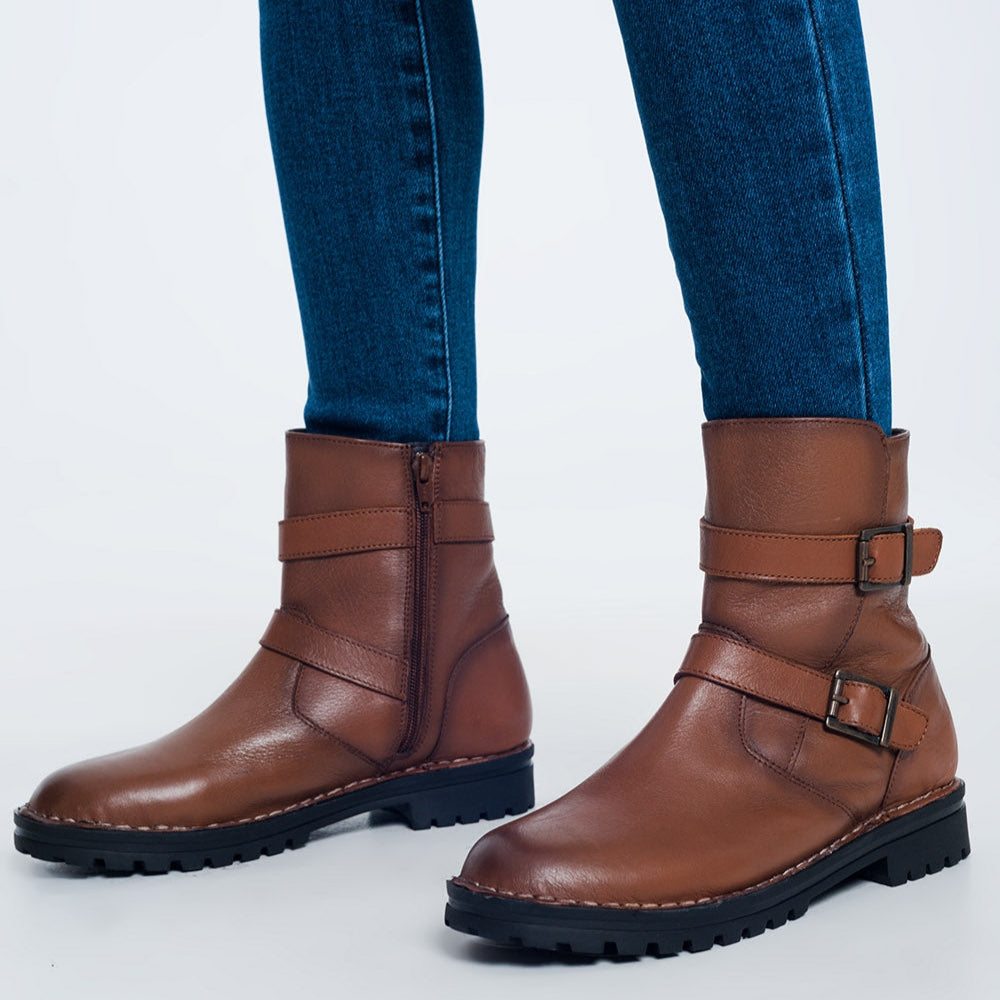 Women's Brown Genuine Leather Mid Calf Gold Buckled Boots